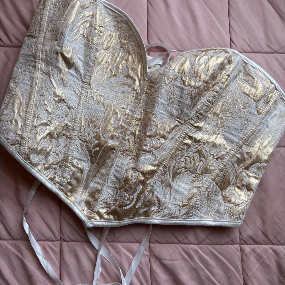 White Gold Brocade Corset Bustier Lace Up Back Structured Top